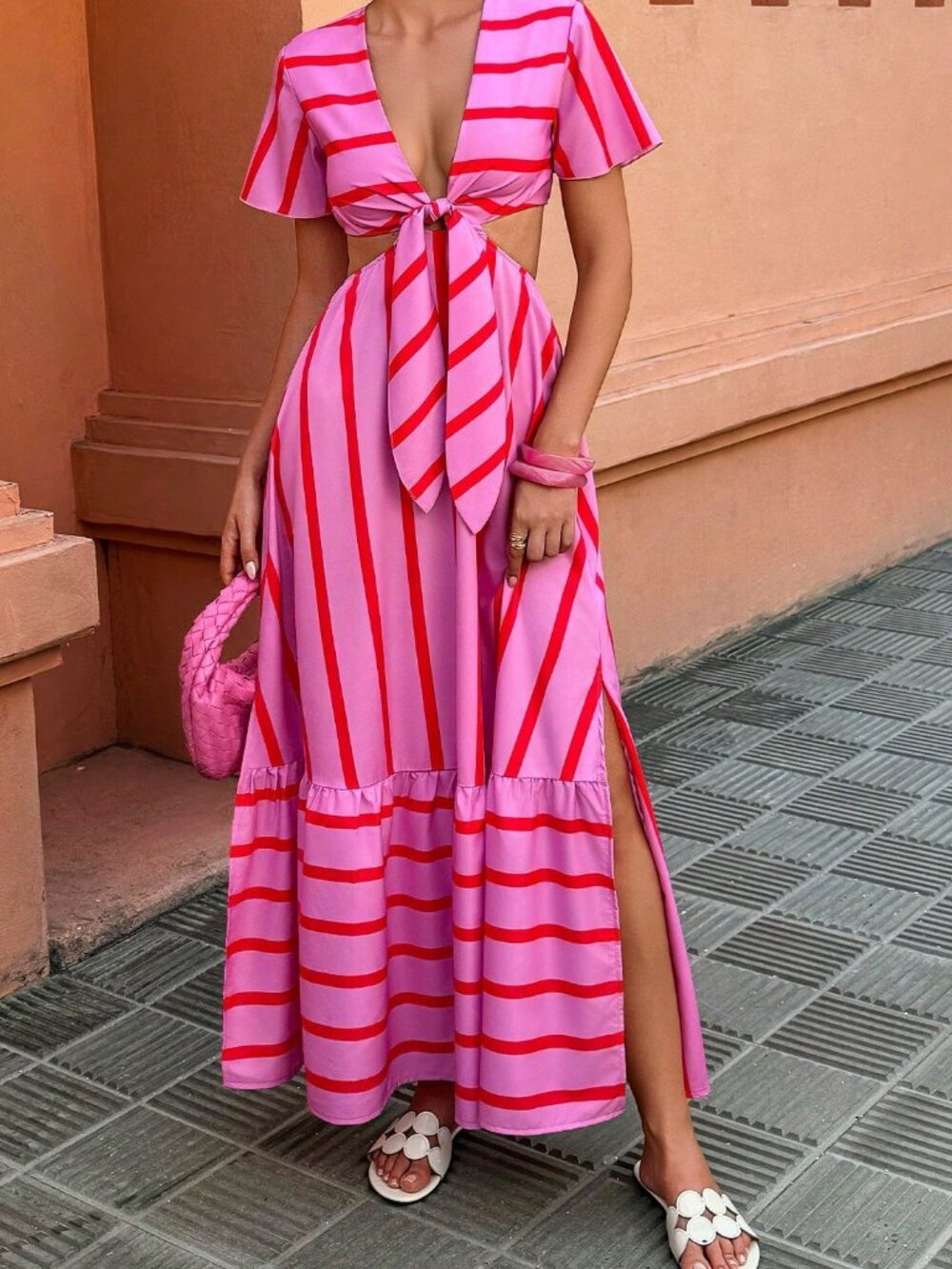 Multicolor Elegant Women's V-Neck Tie Waist A-Line Slit Dress - Picture 3 of 6